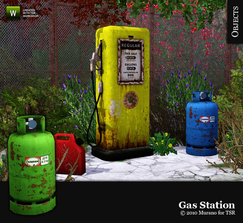 Sims 3 — Gas Station by Murano — Set contains gas pump, fuel can, gas bottle and cracked concrete terrain. Cyclonesue's