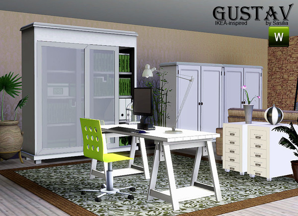 Sims 3 — Study Gustav by Sasilia — set includes: chair, desk, DECO-bookcase, sideboard and storage