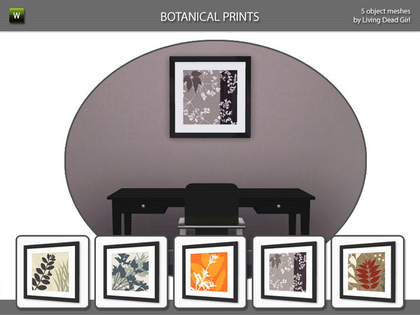 Sims 3 — Botanical Prints by Living Dead Girl — Set of five modern botanical prints. Frame and matting are designable.