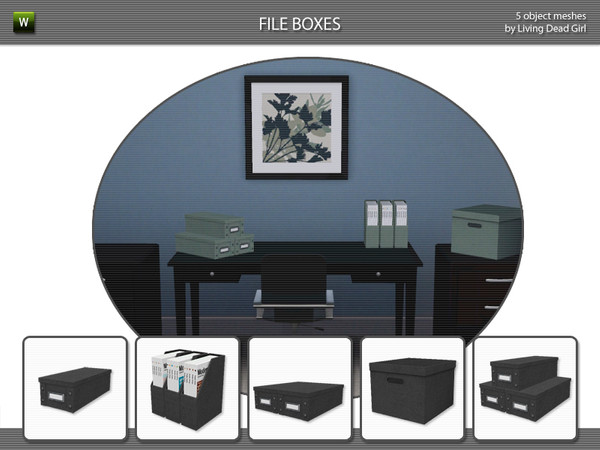 Sims 3 — File Boxes by Living Dead Girl — Set of five designable file boxes for office. Includes single file box, two