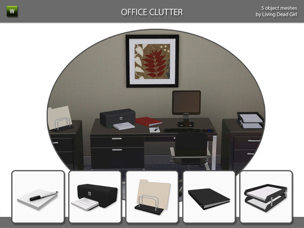 Sims 3 — Office Clutter by Living Dead Girl — Decorative, designable objects for office. Set includes notepad and pen,