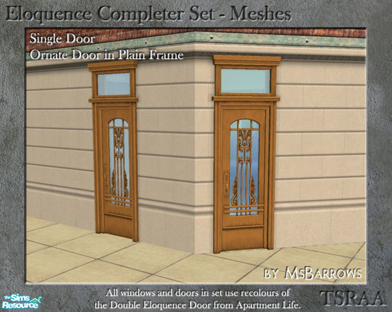 Sims 2 — Eloquence Single Ornate-Plain Door - S by MsBarrows — Single width ornate door in a plain frame - mesh for