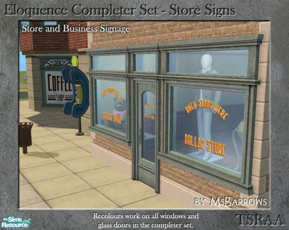 Sims 2 — Eloquence Completer Set - Store Signs by MsBarrows — An assortment of store signs for the windows and glass