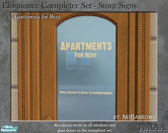 Sims 2 — Eloquence Store Signs - Apartments For Rest by MsBarrows — Apartments for Rent sign in off-white