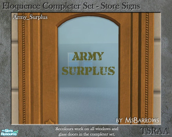 Sims 2 — Eloquence Store Signs - Army Surplus by MsBarrows — Army Surplus in worn army green