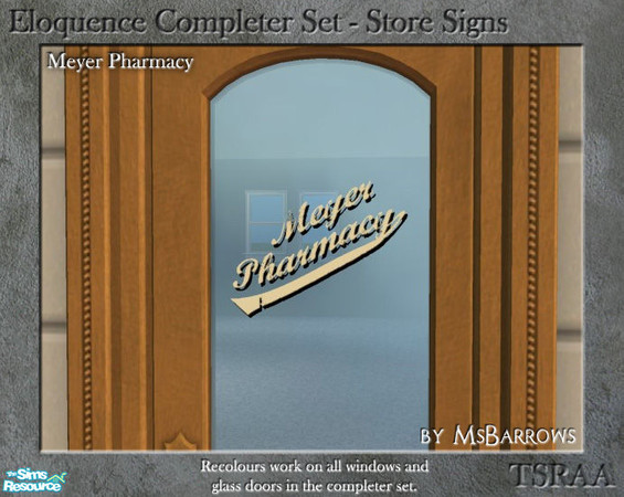 Sims 2 — Eloquence Store Signs - Meyer Pharmacy by MsBarrows — Slanted Meyer Pharmacy sign in chipped and scratched