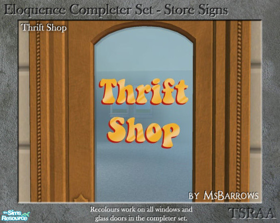 Sims 2 — Eloquence Store Signs - Thrift Store by MsBarrows — Thrift Shop sign in dated yellow text with red drop shadow.