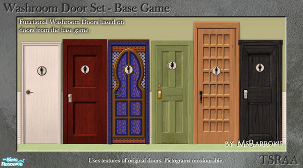 Sims 2 — Washroom Door Set - Base Game by MsBarrows — Six pairs of male and female washroom doors based on doors from the