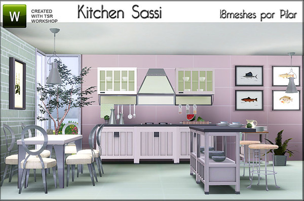 Sims 3 — Kitchen Sassi by Pilar — This is a set composed of the following items: Counter . counter insland . table 2x1 .