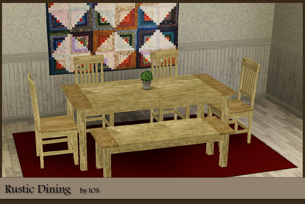 Sims 3 — IOS RusticDining by IOS — Rustic Dining set that contains a table, chair, bench and wall quilt.