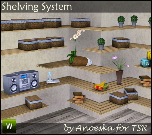 Sims 3 — Shelving System by AnoeskaB — A new shelving system, including a 1 tile shelf, a half tile shelf and 2 corner