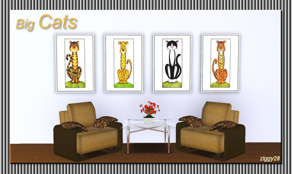 Sims 3 — Big Cats by ziggy28 — A set four quirky cats pictures by the artist Lesley Hallas.