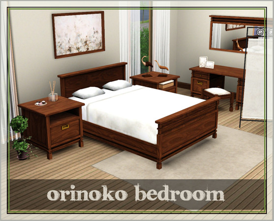 Sims 3 — Orinoko Bedroom by Gosik — Set includes following items: double bed, end table, dresser, wardrobe with mirror,