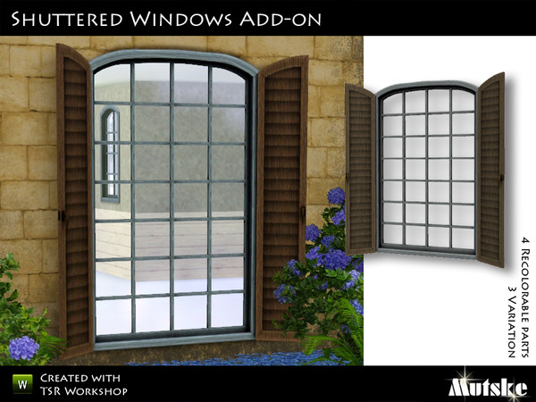 Sims 3 — Shuttered Window Wide Open 2x1 Large by Mutske — 4 Recolorable part. 3 Variation. Made by Mutske@TSR. TSRAA.