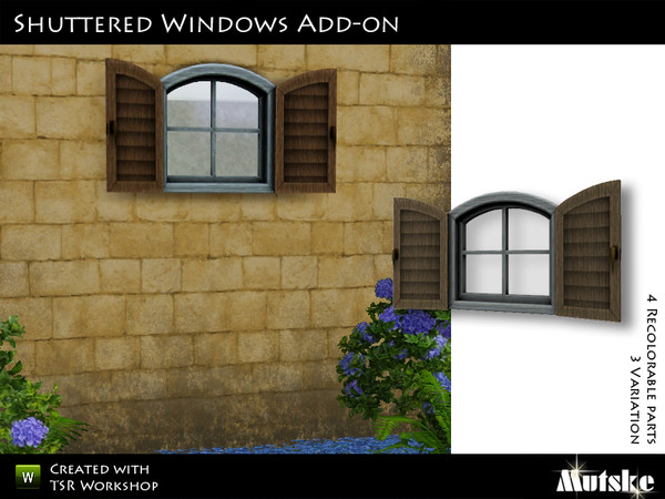 Sims 3 — Shuttered Window Small Open 2x1 by Mutske — 4 Recolorable part. 3 Variation. Made by Mutske@TSR. TSRAA.