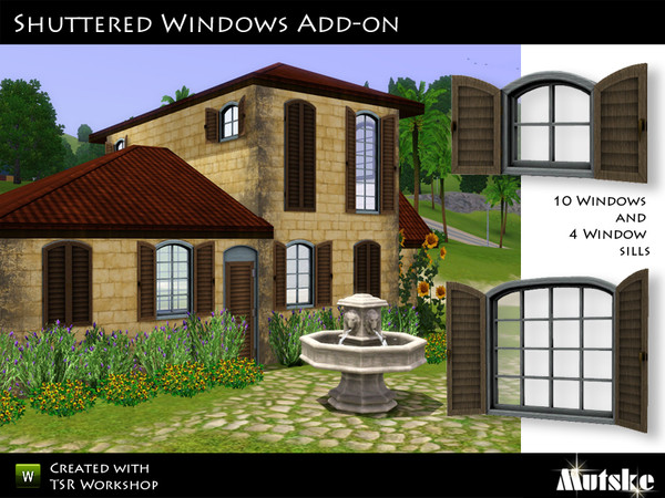 Sims 3 — Shuttered Windows Add-on by Mutske — Set of 10 windows and 4 matching window sills. All windows have 4