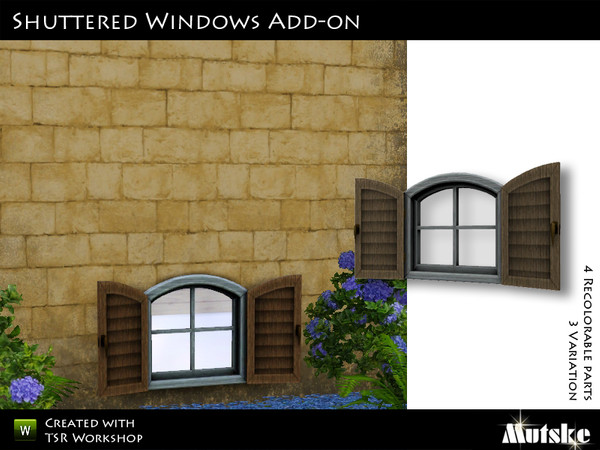 Sims 3 — Shuttered Window Small Open Lower 2x1 by Mutske — 4 Recolorable part. 3 Variation. Made by Mutske@TSR. TSRAA.