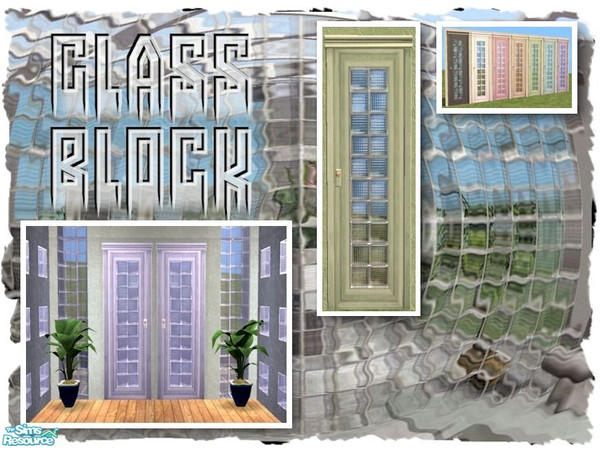 Sims 2 — Glass Block Door by Cyclonesue — In seven matching shades of wood paint. Takes its glass recolours from the