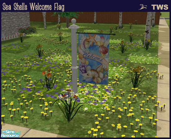 Sims 2 — Sea Shells Welcome Flag by wildstar24 — Features a collection of sea shells and banner; text reads 'Welcome'.