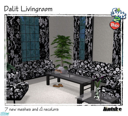 Sims 2 — Dalit Livingroom by Mutske — Set of 7 new meshes and 4 recolor. All in Black & White.