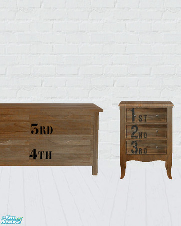 Sims 2 — Ordinal Tables Set by salixlikescake — Two tables featuring ordinal numbers on their drawers.