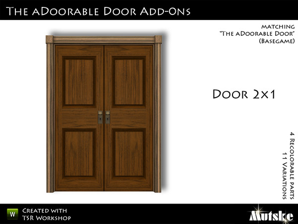 Sims 3 — The aDoorable Double Door by Mutske — Matching the single version. 4 Recolorable parts. 11 Variations. Made by