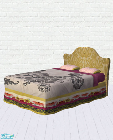 Sims 2 — Penny Bed Set by salixlikescake — A yellow headboard, with a colorful bed skirt, matched with grey and pink