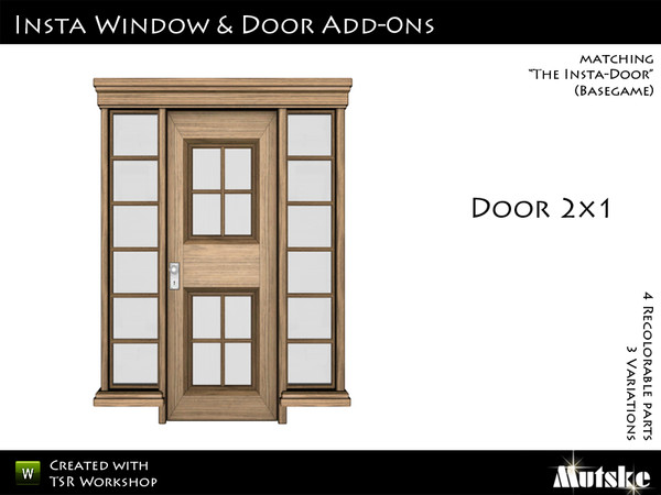 Sims 3 — Insta-Door with glass and sidelights by Mutske — Matching the single version. 4 Recolorable parts. 3 Variations.