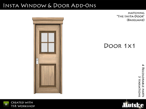 Sims 3 — Insta-Door Single with glass top by Mutske — Matching the single version. 4 Recolorable parts. 3 Variations.