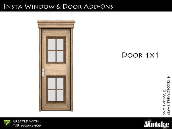 Sims 3 — Insta-Door Single with glass by Mutske — Matching the single version. 4 Recolorable parts. 3 Variations. Made by