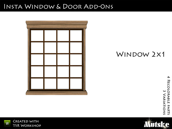 Sims 3 — Insta-Window 2x1 Middle by Mutske — Matching the single door version. 4 Recolorable parts. 3 Variations. Made by