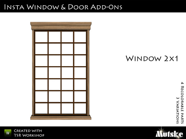 Sims 3 — Insta-Window 2x1 Tall by Mutske — Matching the single door version. 4 Recolorable parts. 3 Variations. Made by