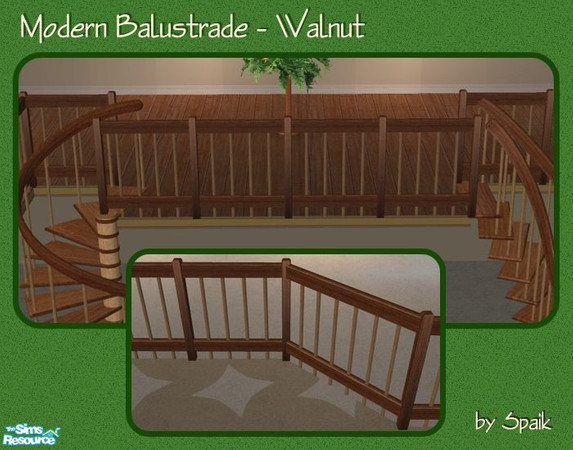 Sims 2 — Modern Balustrade Walnut by Spaik — Matching balustrade for my Winding and Curved Staircases.