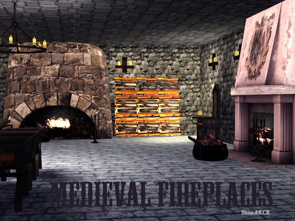 Sims 3 — medieval Fireplaces by ShinoKCR — 2 Fireplaces for a medieval Castle, Firewood and Logholder