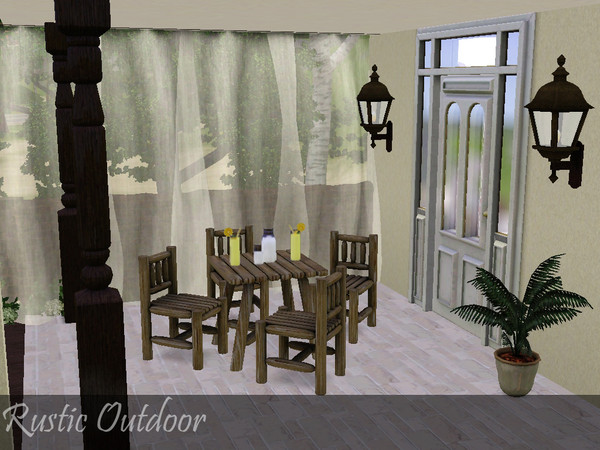 Sims 3 — Rustic Outdoor by deeiutza — Rustic Outdoor. Set contains 6 meshes: chair, table, curtain left and right, milk
