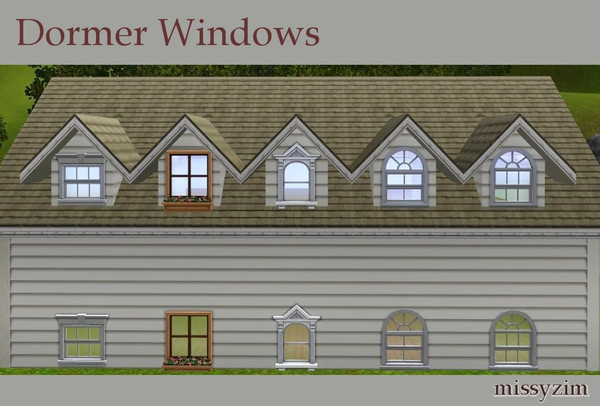 Sims 3 — Dormer Windows by missyzim — A set of dormer windows to use on friezes. Set includes 5 windows and a flower box.