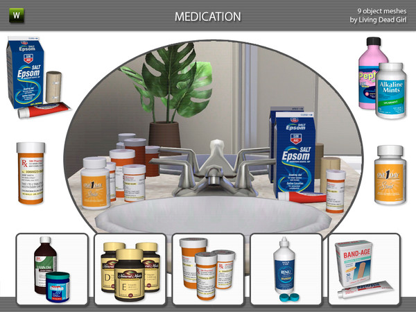 Sims 3 — Medication by Living Dead Girl — Nine clutter meshes for bathroom including bandages / plasters and ointment,