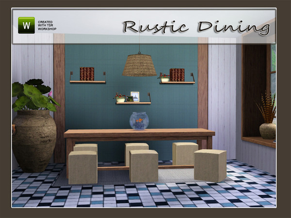 Sims 3 — Rustic Dining by Angela — Rustic Dining. Set contains a table, seat, ceilinglamp, wallshelf in 2 heights,