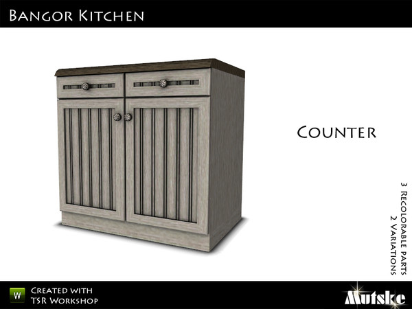 Sims 3 — Bangor Kitchen Counter with Doors  by Mutske — 3 Recolorable parts. 2 Variations. Made by Mutske@TSR. TSRAA.