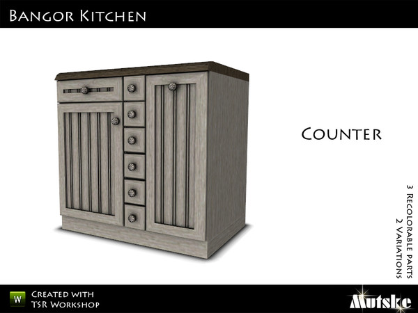 Sims 3 — Bangor kitchen counter with doors and small drawers by Mutske — 3 Recolorable parts. 2 Variations. Made by