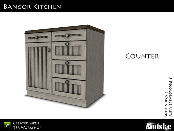 Sims 3 — Bangor Kitchen Counter with Doors and Drawers by Mutske — 3 Recolorable parts. 2 Variations. Made by Mutske@TSR.