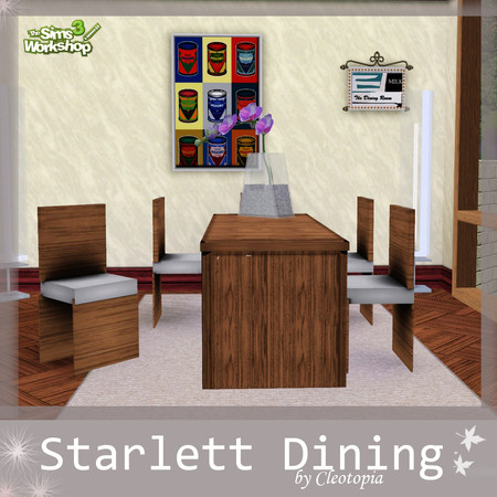 Sims 3 — Starlett Dining by Cleotopia — Includes: * Food poster * Dining Board * Modern Chair * Modern Table Vase with