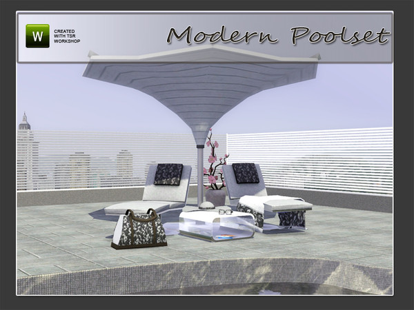 Sims 3 — Modern Poolset by Angela — Modern Poolset. Set contains: Lounger, Modern Parasol based of a real life one,