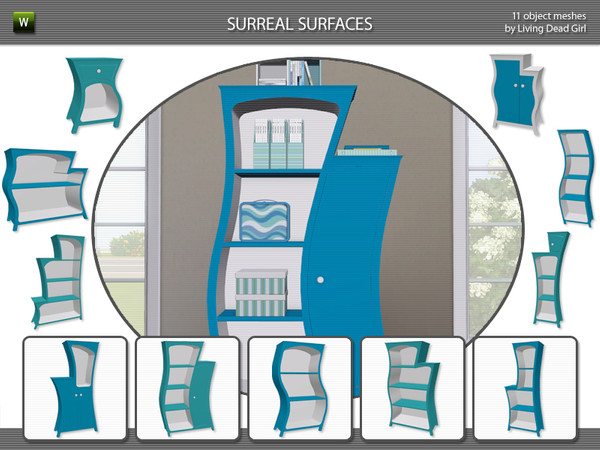 Sims 3 — Surreal Surfaces by Living Dead Girl — Eleven fully designable shelving meshes with custom slots perfect for