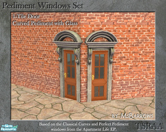 Sims 2 — Pediment Set - 1-Tile Door - Curve Glass D by MsBarrows — Curved pediment 1-tile wide door with glass panes.