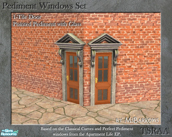 Sims 2 — Pediment Set - 1-Tile Door - Point Glass S by MsBarrows — Pointed pediment 1-tile wide door with glass panes.