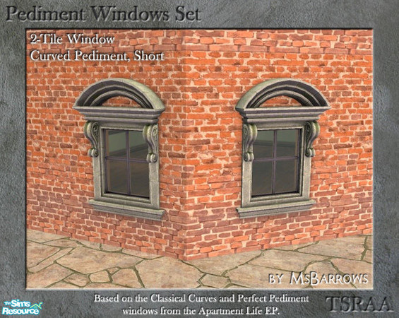 Sims 2 — Pediment Set - 2-Tile Window - Curve Short D by MsBarrows — Curved pediment 2-tile wide short window. Diagonal