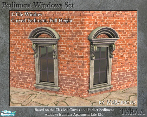 Sims 2 — Pediment Set - 1-Tile Window - Curve Tall D by MsBarrows — Curved pediment 1-tile wide tall window. Diagonal