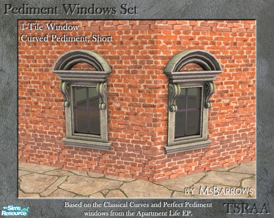 Sims 2 — Pediment Set - 1-Tile Window - Curve Short S by MsBarrows — Curved pediment 1-tile wide short window. Straight