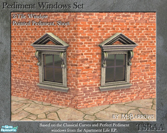 Sims 2 — Pediment Set - 2-Tile Window - Point Short S by MsBarrows — Pointed pediment 2-tile wide short window. Straight